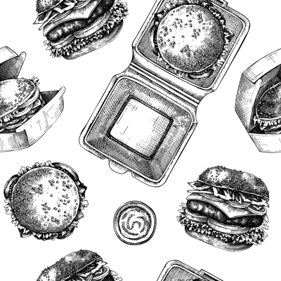 Fast food restaurant background. Burgers seamless pattern. Hand drawn vector illustration. Cardboard boxes for takeaway food, food delivery paper, plastic container sketches.